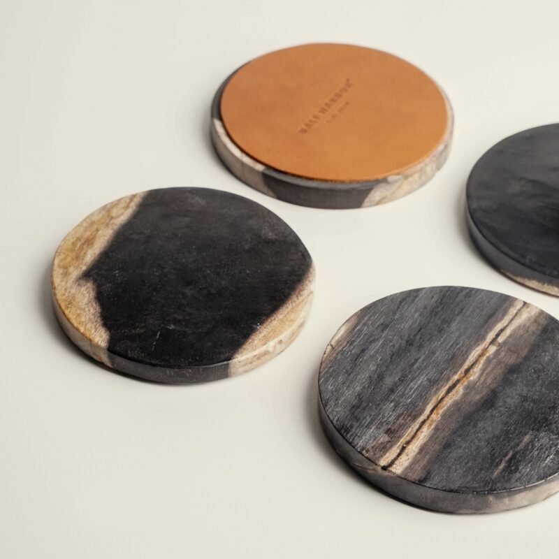 Black petrified wood and leather coaster (Set of 4)