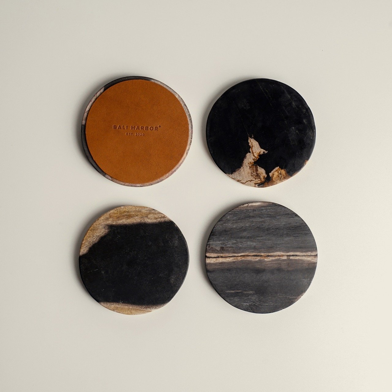 Black petrified wood and leather coaster (Set of 4)