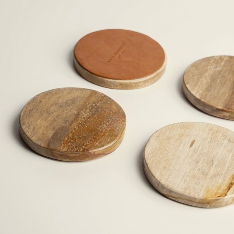 White petrified wood and leather coaster (Set of 4)