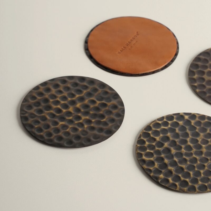 Hammered brass and leather coaster (Set of 4)