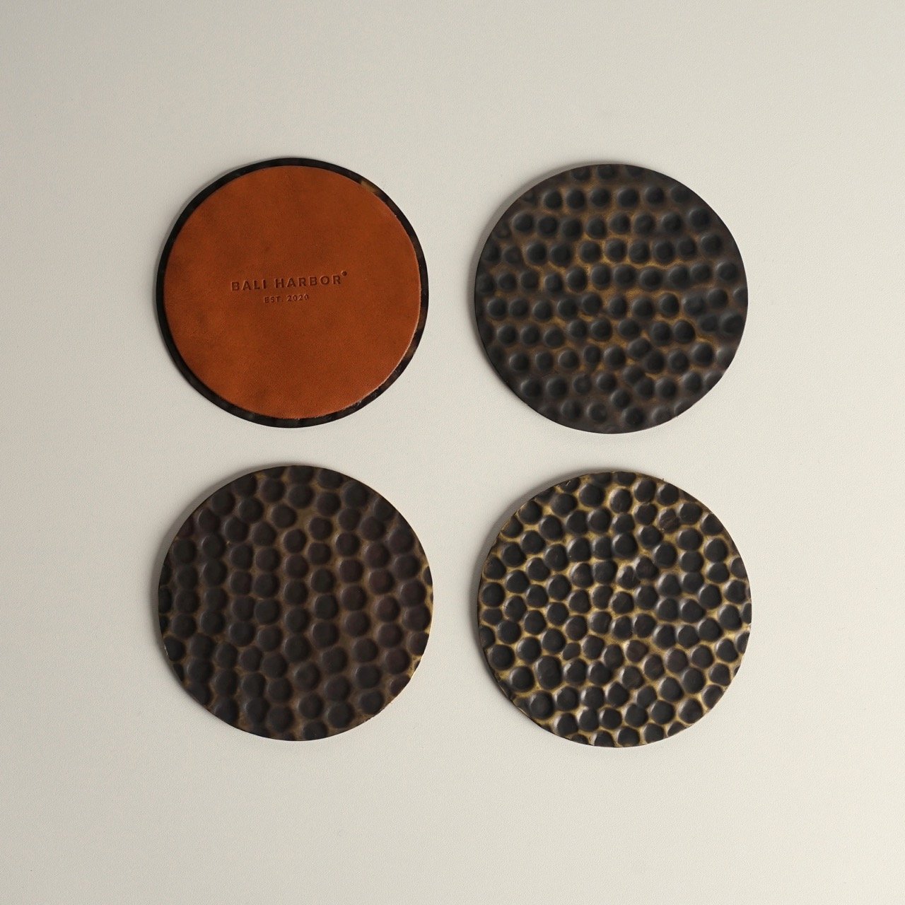 Hammered brass and leather coaster (Set of 4)