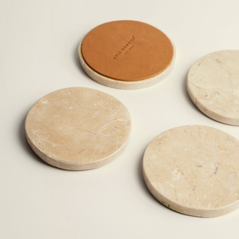 White marble and leather coaster (Set of 4)