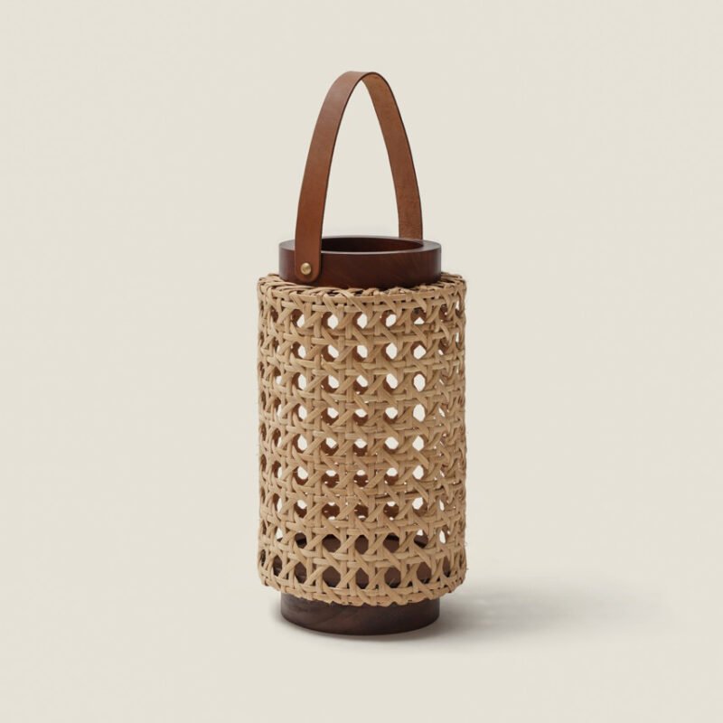 Rattan and teak wood lantern