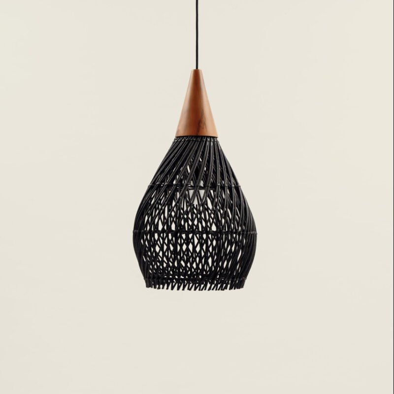 Black rattan and teak wood lamp (Small)