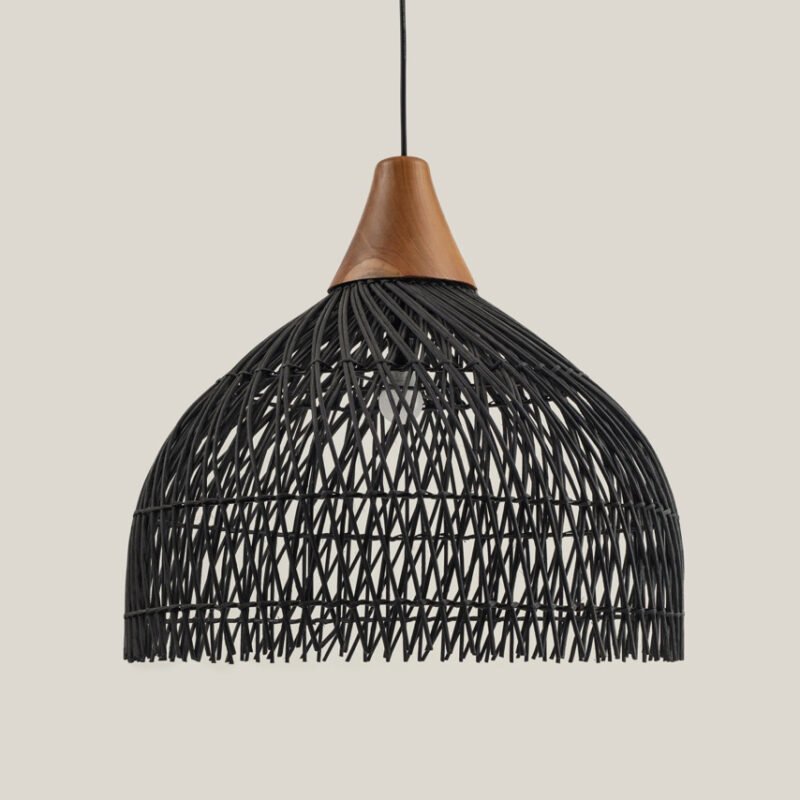 Black rattan and teak wood lamp (Large)