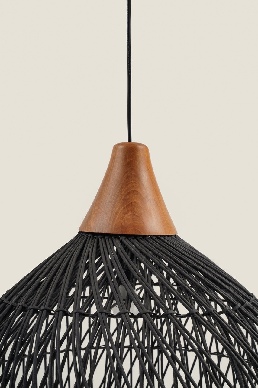 Black rattan and teak wood lamp (Large)