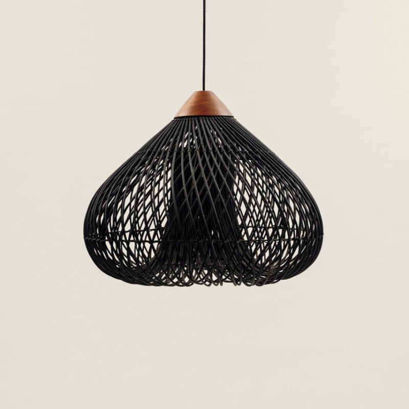 Black rattan and teak wood lamp (Medium)